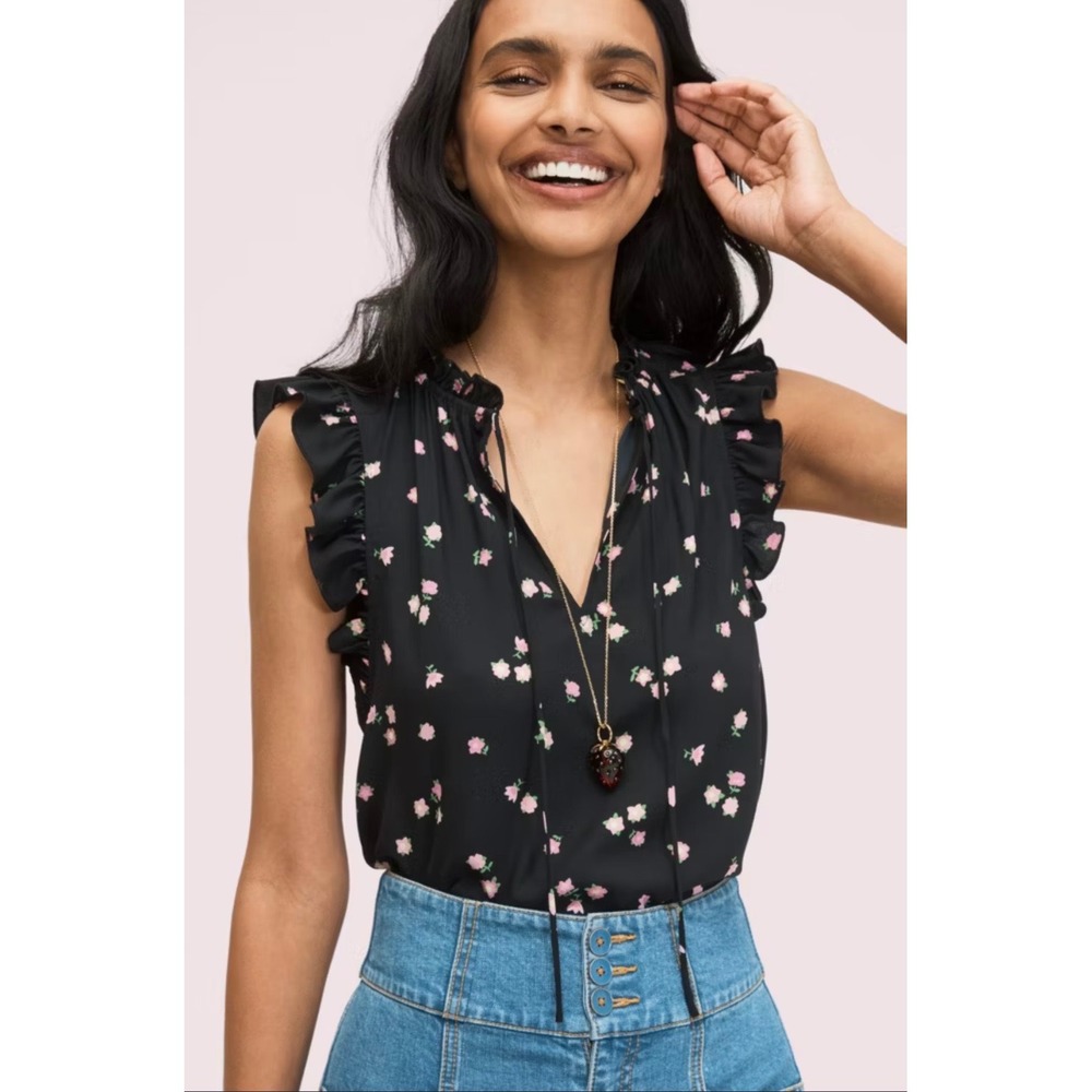 Kate Spade Ditsy Begonia Tie-Neck Shell Black Pink Floral Ruffle Top NWT Large
